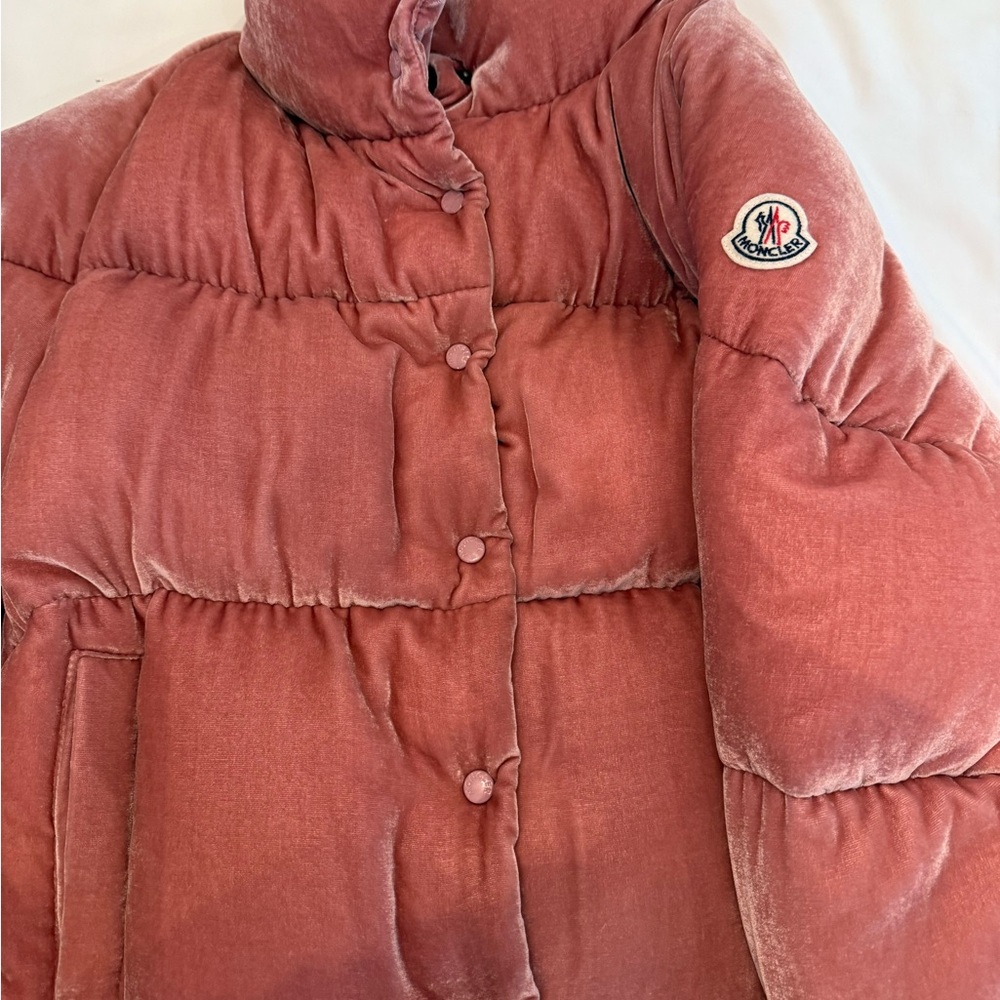 Moncler Velvet Puffer Jacket in Pink crushed Velvet.